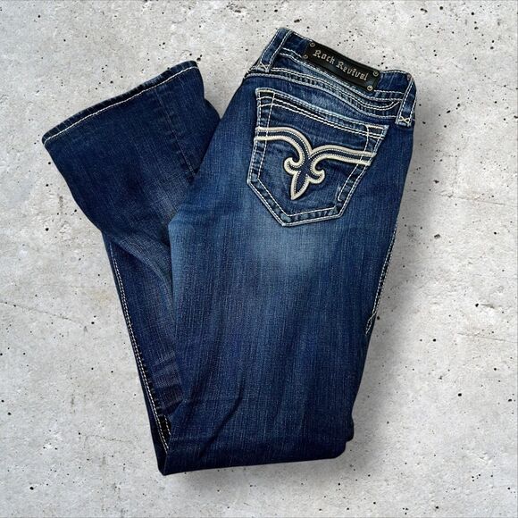 Rock Revival Irina Boot Jeans Womens Size 30 Blue Embroidered Distressed Denim - Picture 1 of 11